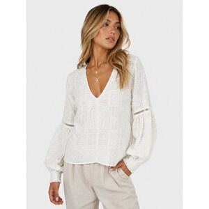 Palma Australia White Sheer Embroidered Boho‎ V-Neck Balloon Sleeve Blouse XS